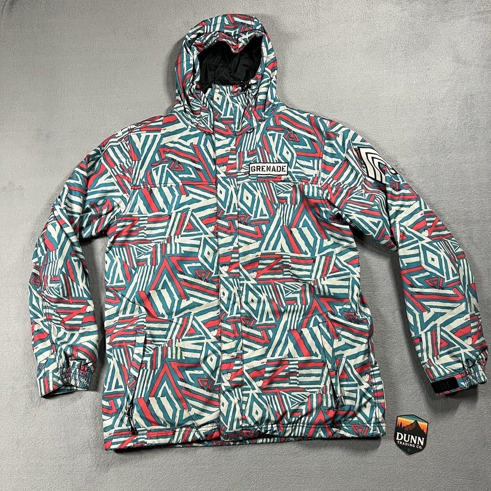 Grenade Snowboard Jacket Mens L Teal Red Geometric Hooded Ski Fatigue Peace Bomb